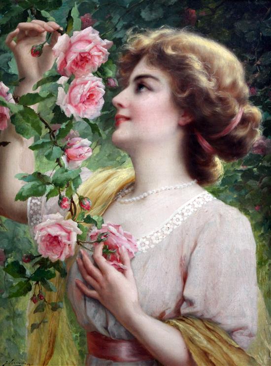 Emile Vernon (1872-1919) Lady picking pink roses, 25 x 19in.
